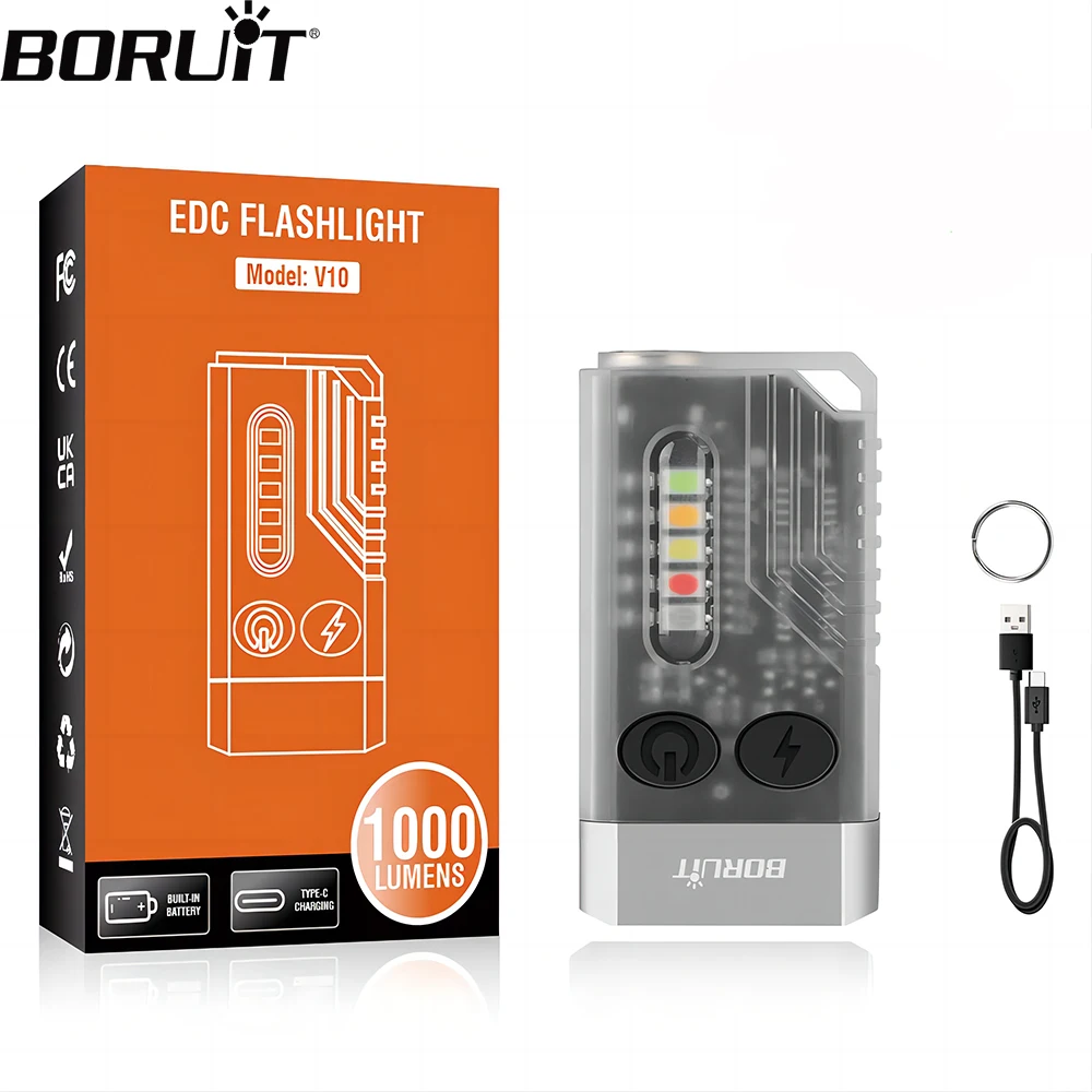 BORUiT V10 LED Keychain EDC Flashlight with Magnet 80DB Buzzer 365nm UV Pocket Lantern