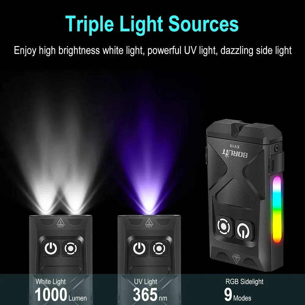 BORUiT EV15 LED UV EDC Flashlight Magnet Keychain Work Light