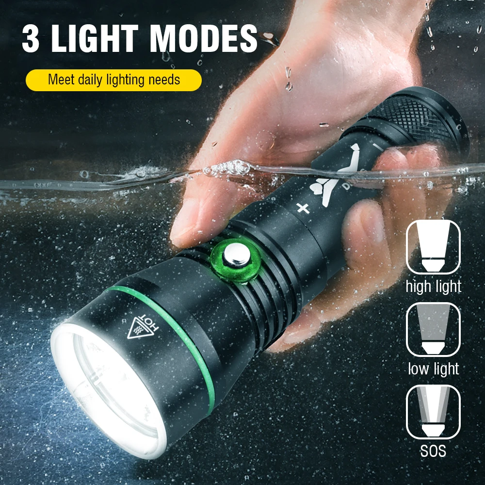 BORUiT 2000LM LED Scuba Diving Flashlight Super Bright P50 IPX8 Waterproof Torch Underwater 100M