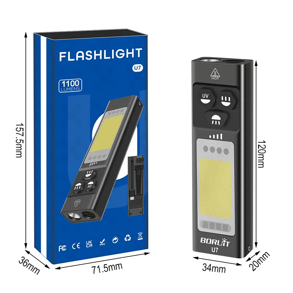BORUiT U7 EDC UV LED Flashlight Max.1100LM Type-C Rechargeable Work Light USB-C Power Bank Camping Pocket Lantern with Magnet