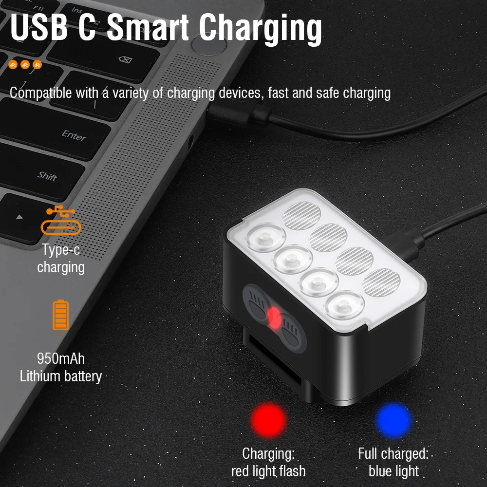 BORUiT L12 bike light 8 LED Bicycle Front Light TYPE-C Rechargeable Bike Light MTB Bicycle Head Lights Waterproof Cycling Lamp for Night Riding