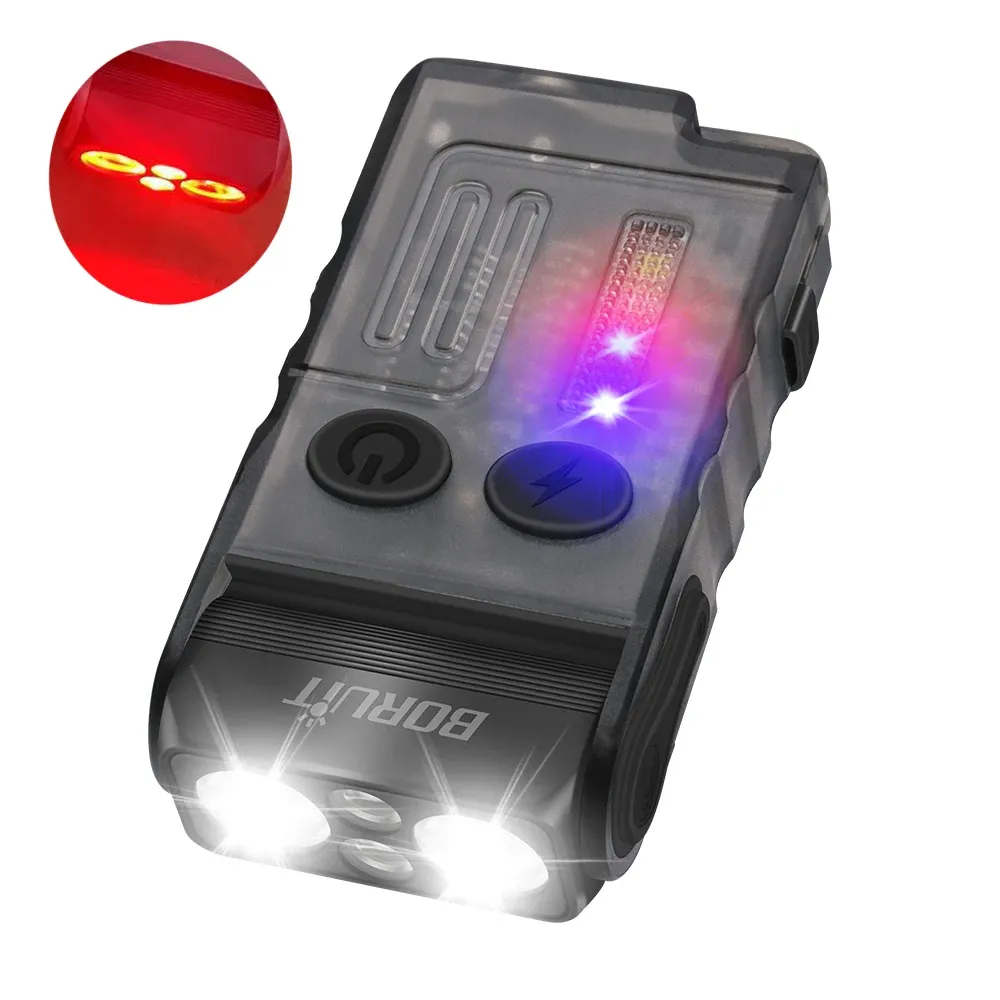 BORUiT V20 Keychain EDC LED Flashlight Head Swivels Type-C Rechargeable Magnet Torch Buzzer Work Light with Clip Magnet Lantern