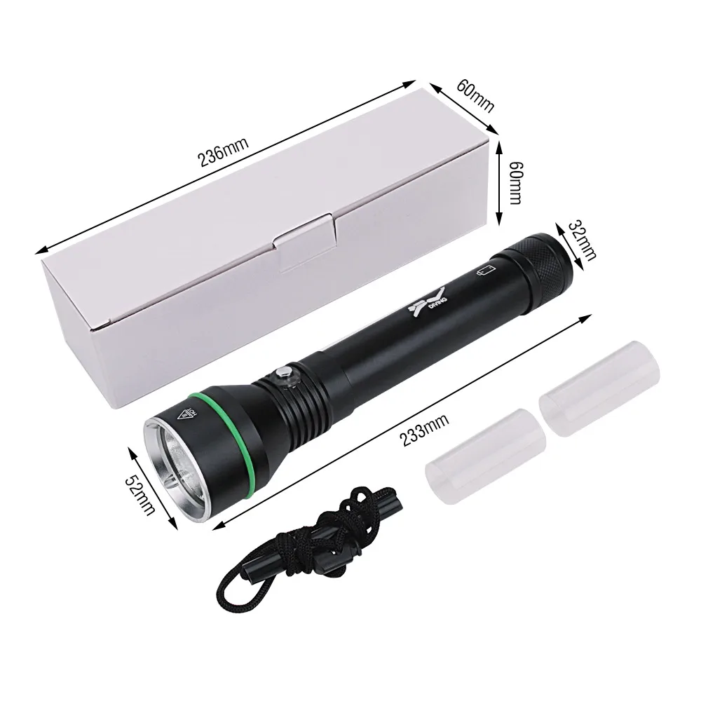 BORUiT Super Bright 2000LM P70 LED Scuba Diving Flashlight Underwater 100M IPX8 Waterproof Torch