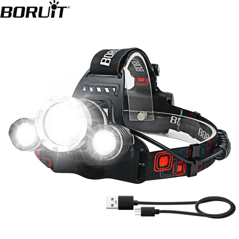 BORUiT HP700 LED Headlamp Super Bright 3000 Lumens Headlight Rechargeable Built-in Battery Head Torch Waterproof Fishing Lantern