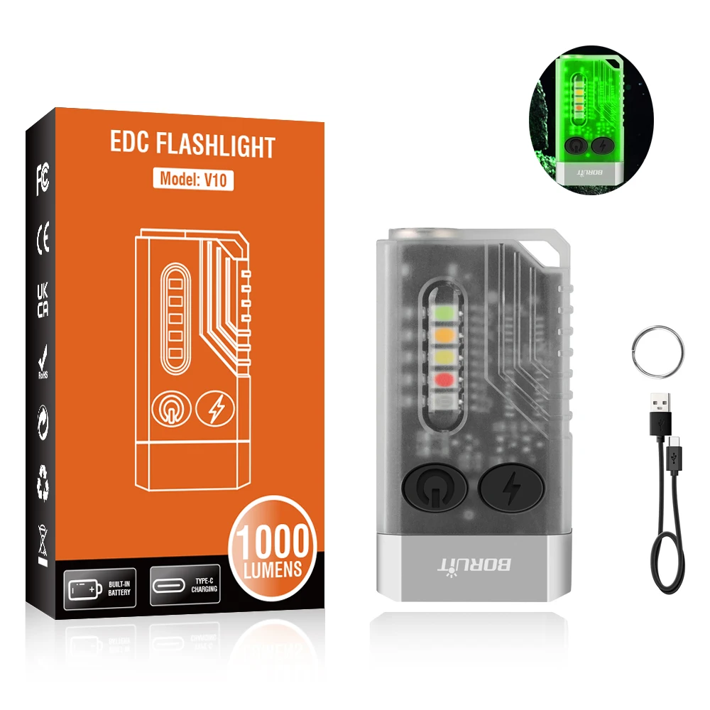 BORUiT V10 LED Keychain EDC Flashlight with Magnet 80DB Buzzer 365nm UV Pocket Lantern