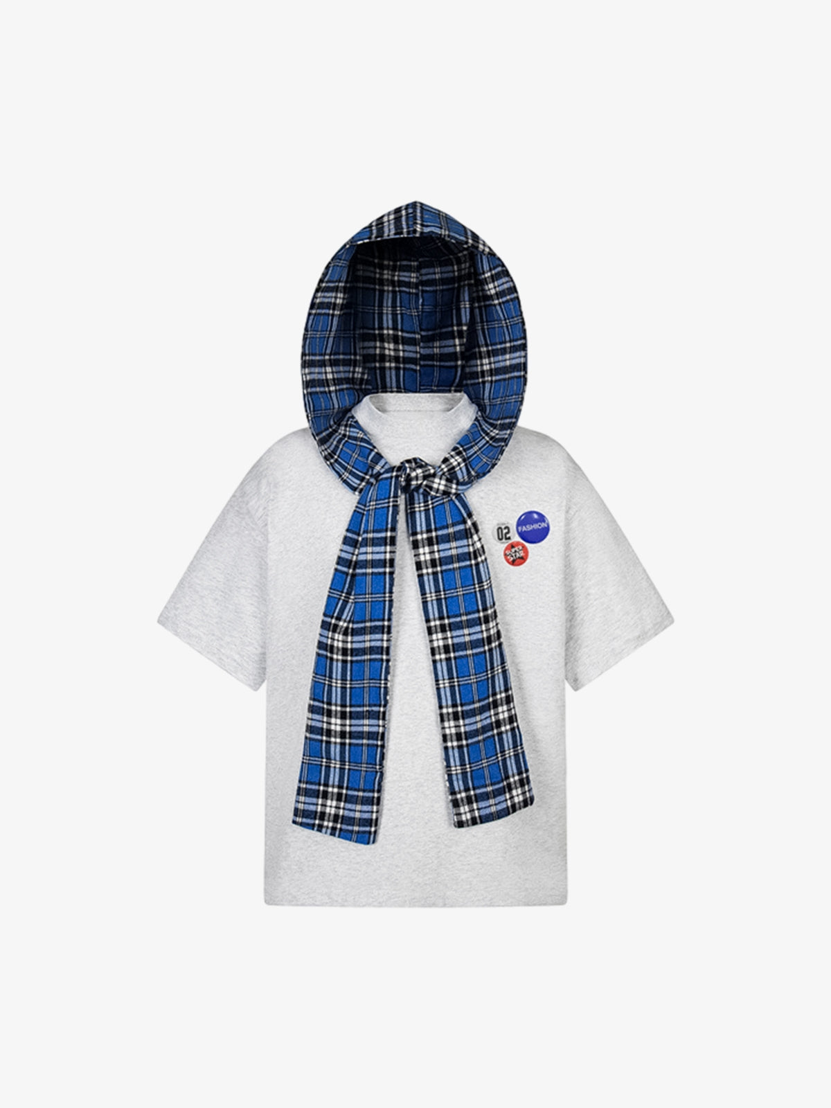 Jersey Knit Detachable Badge Hooded Plaid Cape T-Shirt-Fineriform