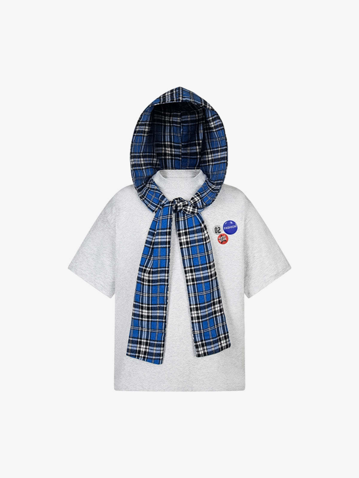 Jersey Knit Detachable Badge Hooded Plaid Cape T-Shirt-Fineriform