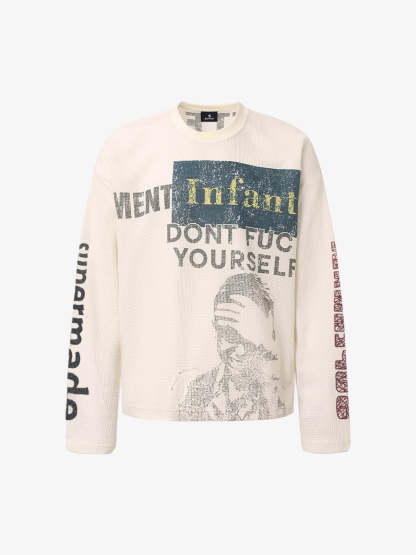 Waffle Knit Graphic Print Crewneck Sweatshirt - 2496-Fineriform