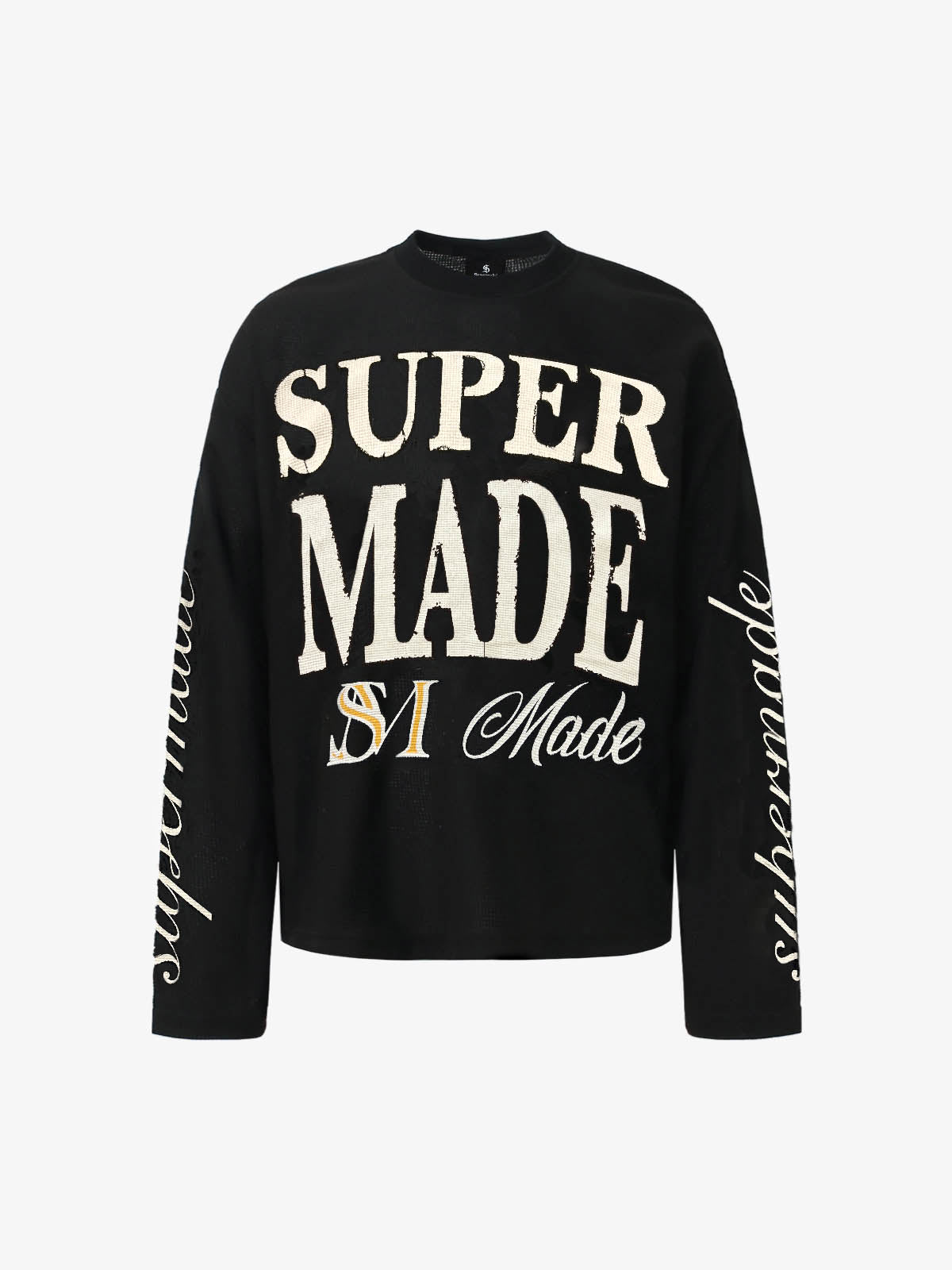 Retro Letter Print Waffle Simplicity Long-Sleeved T-Shirt-Fineriform