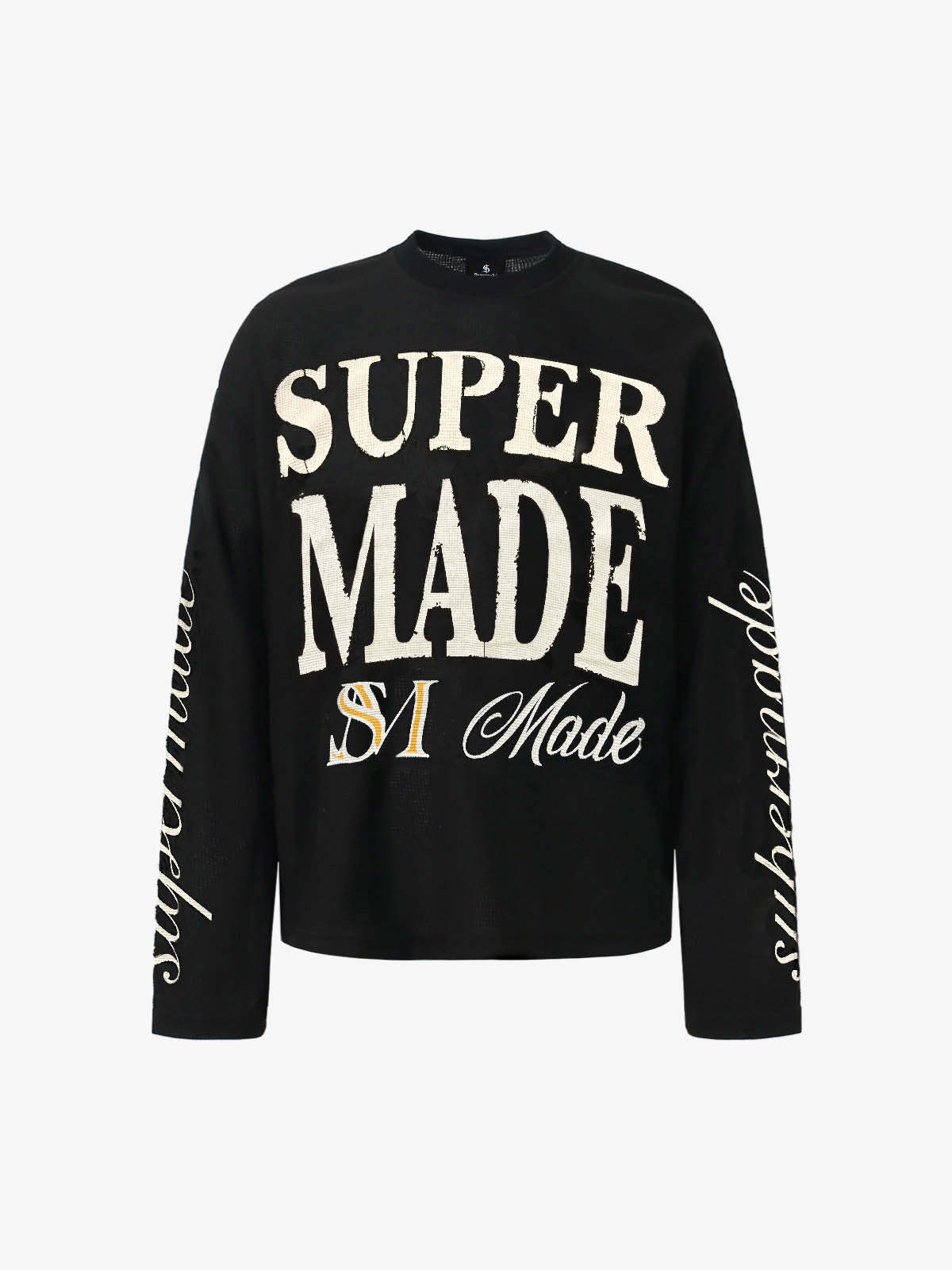 Retro Letter Print Waffle Simplicity Long-Sleeved T-Shirt-Fineriform