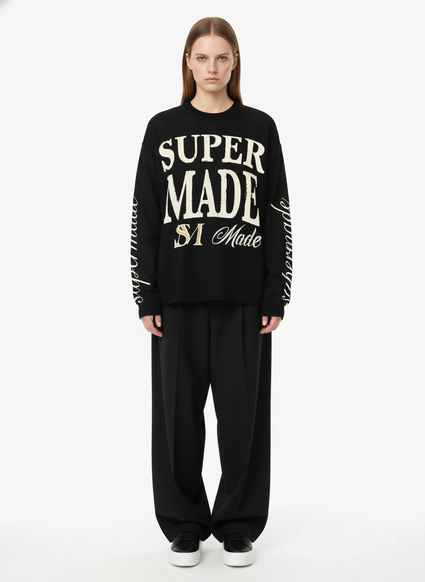 Retro Letter Print Waffle Simplicity Long-Sleeved T-Shirt-Fineriform