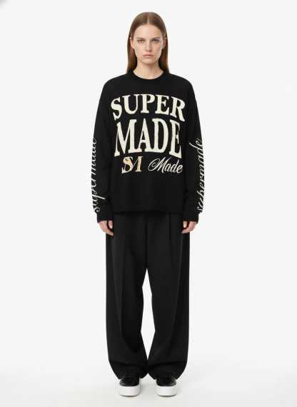 Retro Letter Print Waffle Simplicity Long-Sleeved T-Shirt-Fineriform
