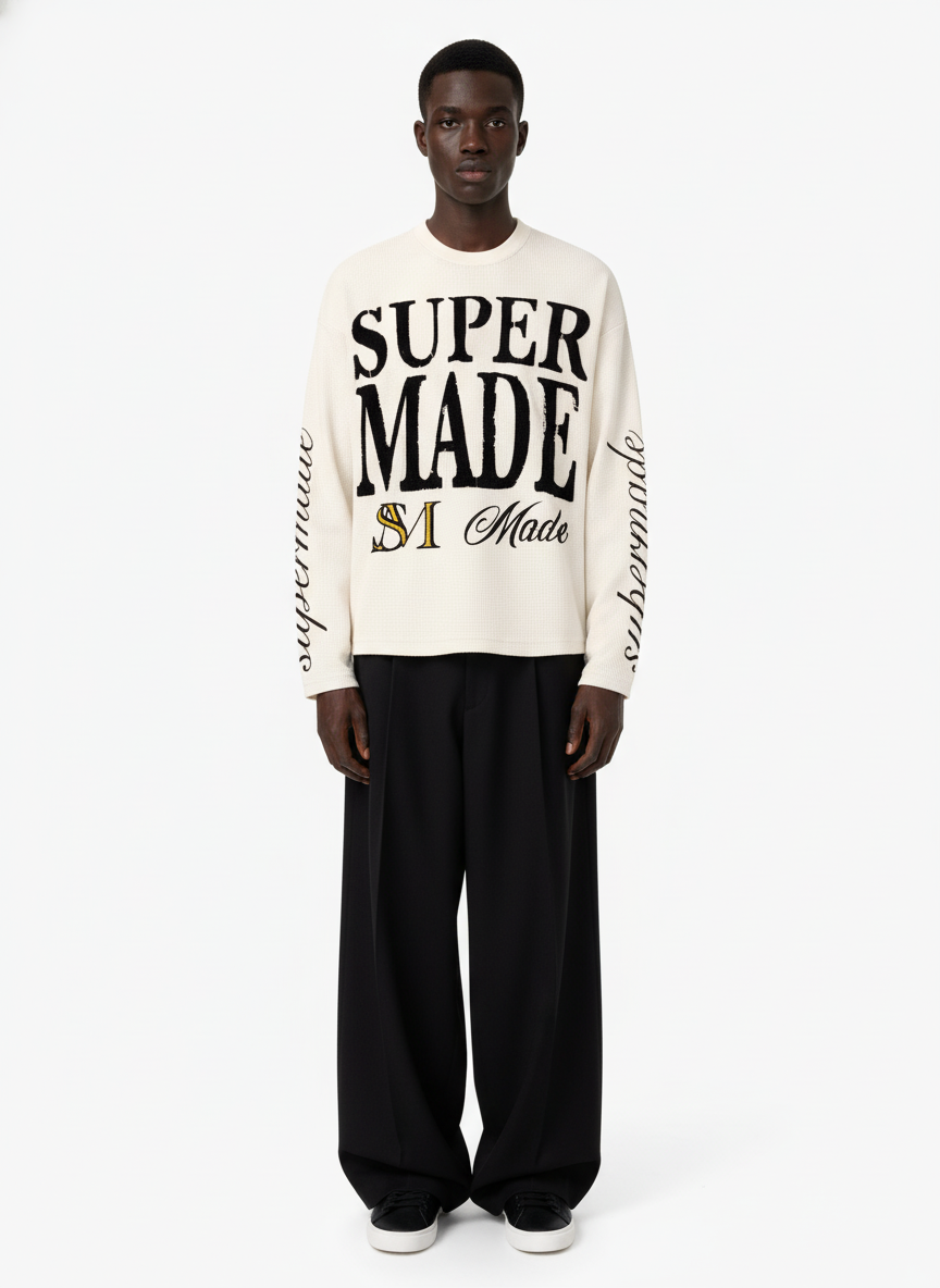 Retro Letter Print Waffle Simplicity Long-Sleeved T-Shirt-Fineriform