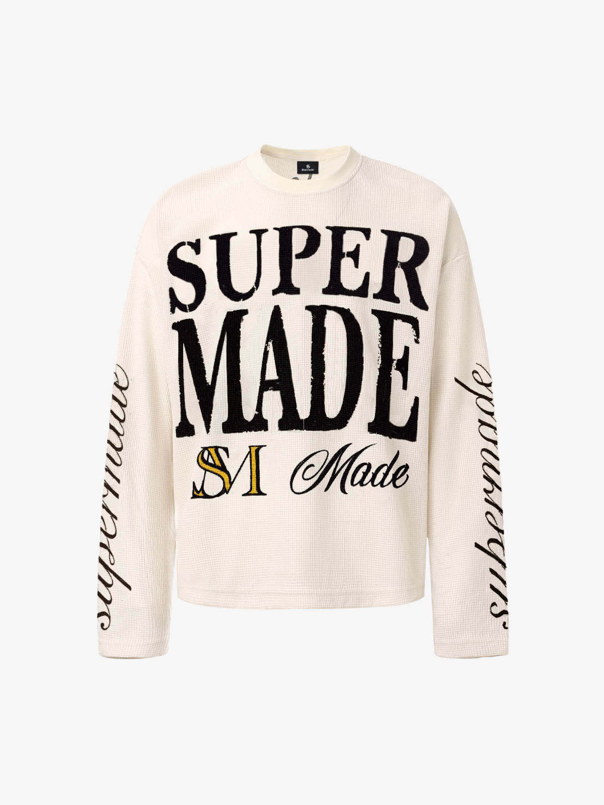 Retro Letter Print Waffle Simplicity Long-Sleeved T-Shirt-Fineriform