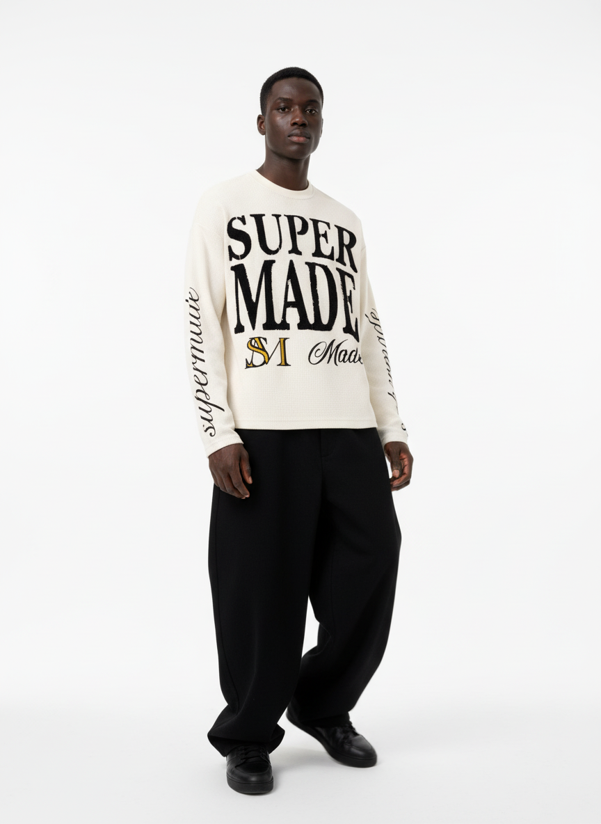 Retro Letter Print Waffle Simplicity Long-Sleeved T-Shirt-Fineriform