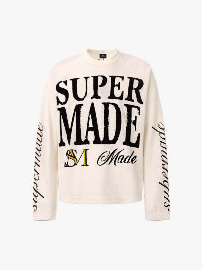 Retro Letter Print Waffle Simplicity Long-Sleeved T-Shirt-Fineriform