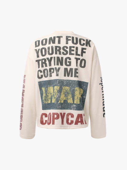 Waffle Knit Graphic Print Crewneck Sweatshirt - 2496-Fineriform