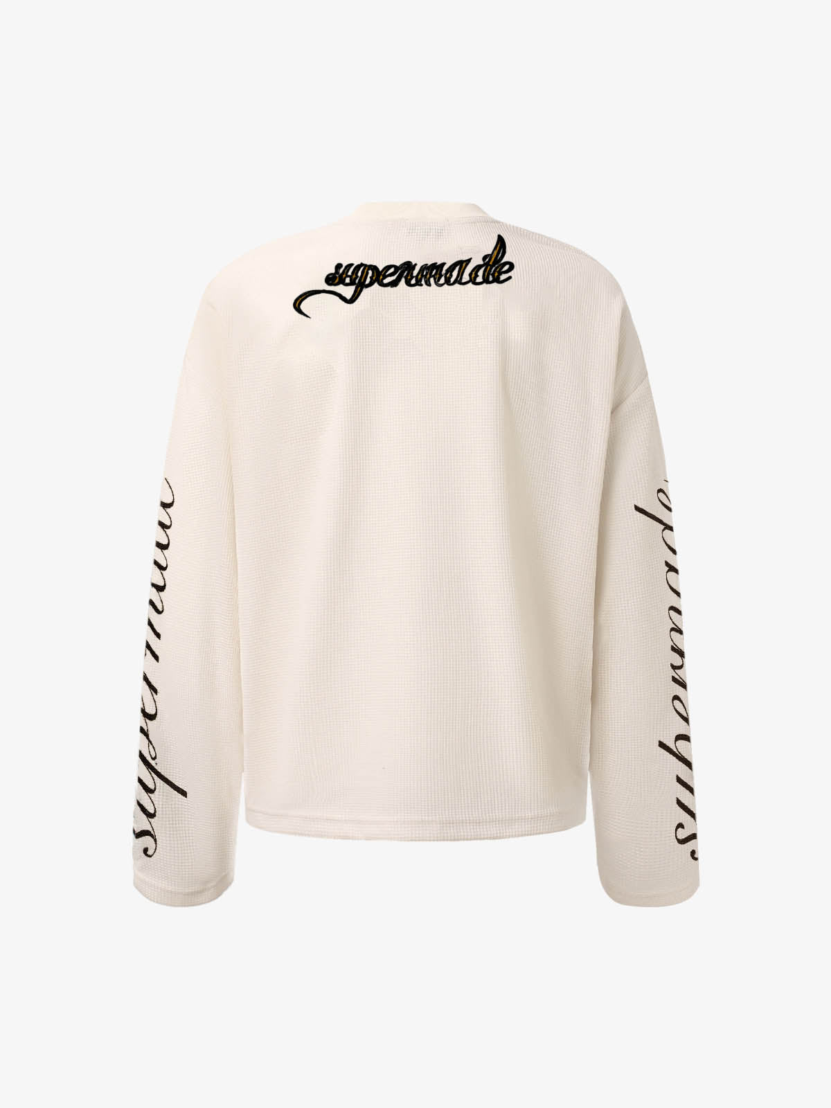 Retro Letter Print Waffle Simplicity Long-Sleeved T-Shirt-Fineriform