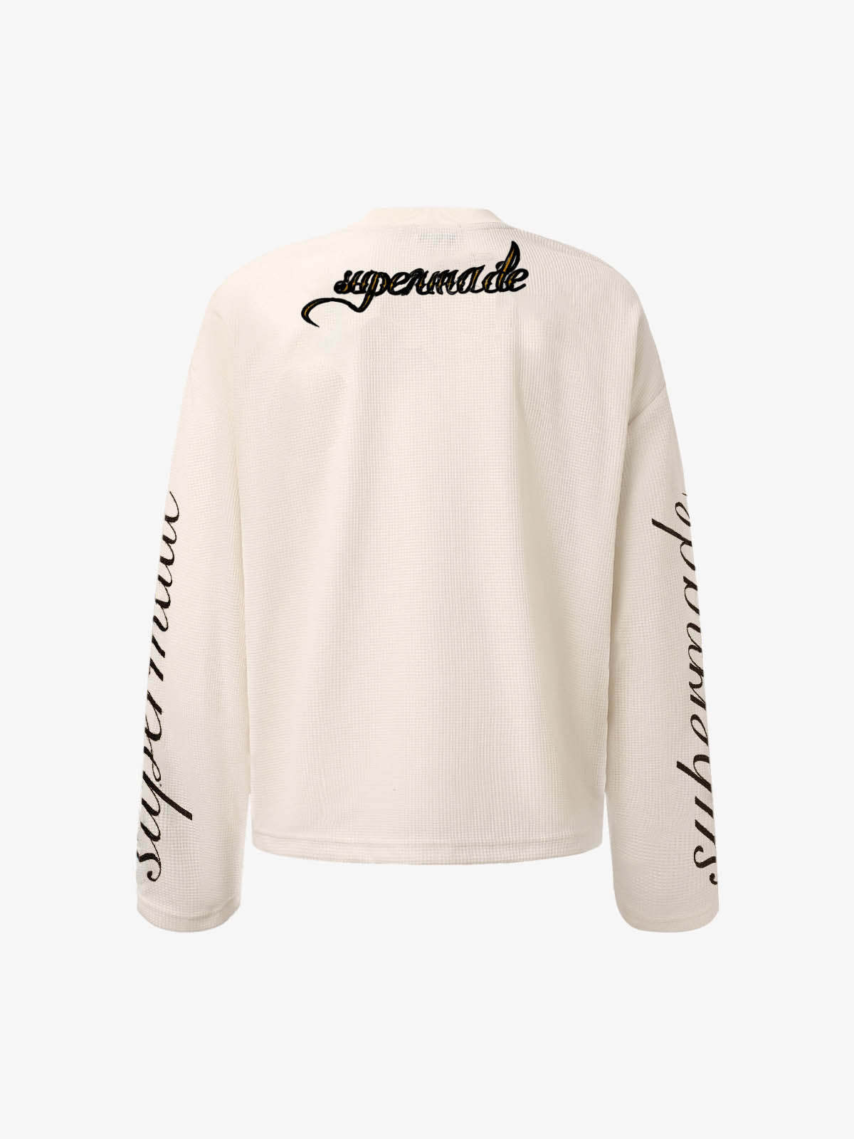 Retro Letter Print Waffle Simplicity Long-Sleeved T-Shirt-Fineriform