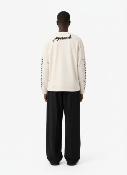 Retro Letter Print Waffle Simplicity Long-Sleeved T-Shirt-Fineriform