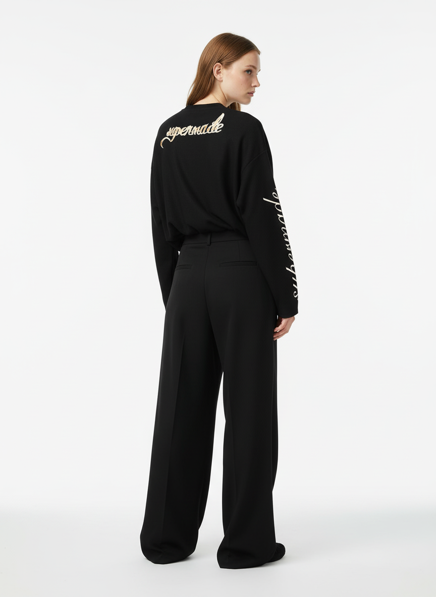 Retro Letter Print Waffle Simplicity Long-Sleeved T-Shirt-Fineriform