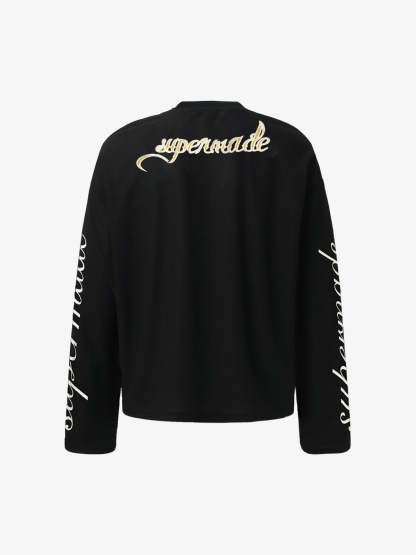 Retro Letter Print Waffle Simplicity Long-Sleeved T-Shirt-Fineriform