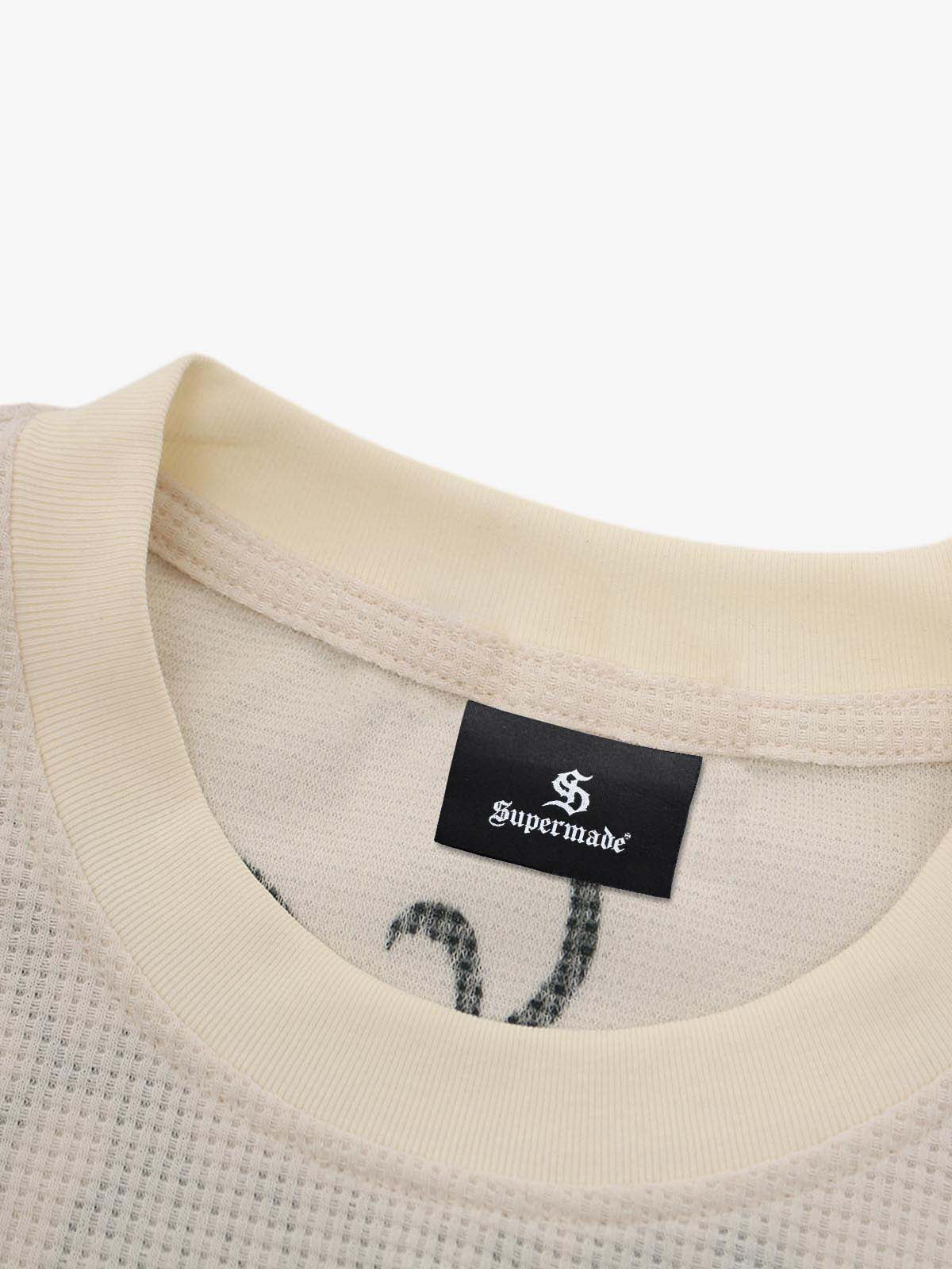 Retro Letter Print Waffle Simplicity Long-Sleeved T-Shirt-Fineriform