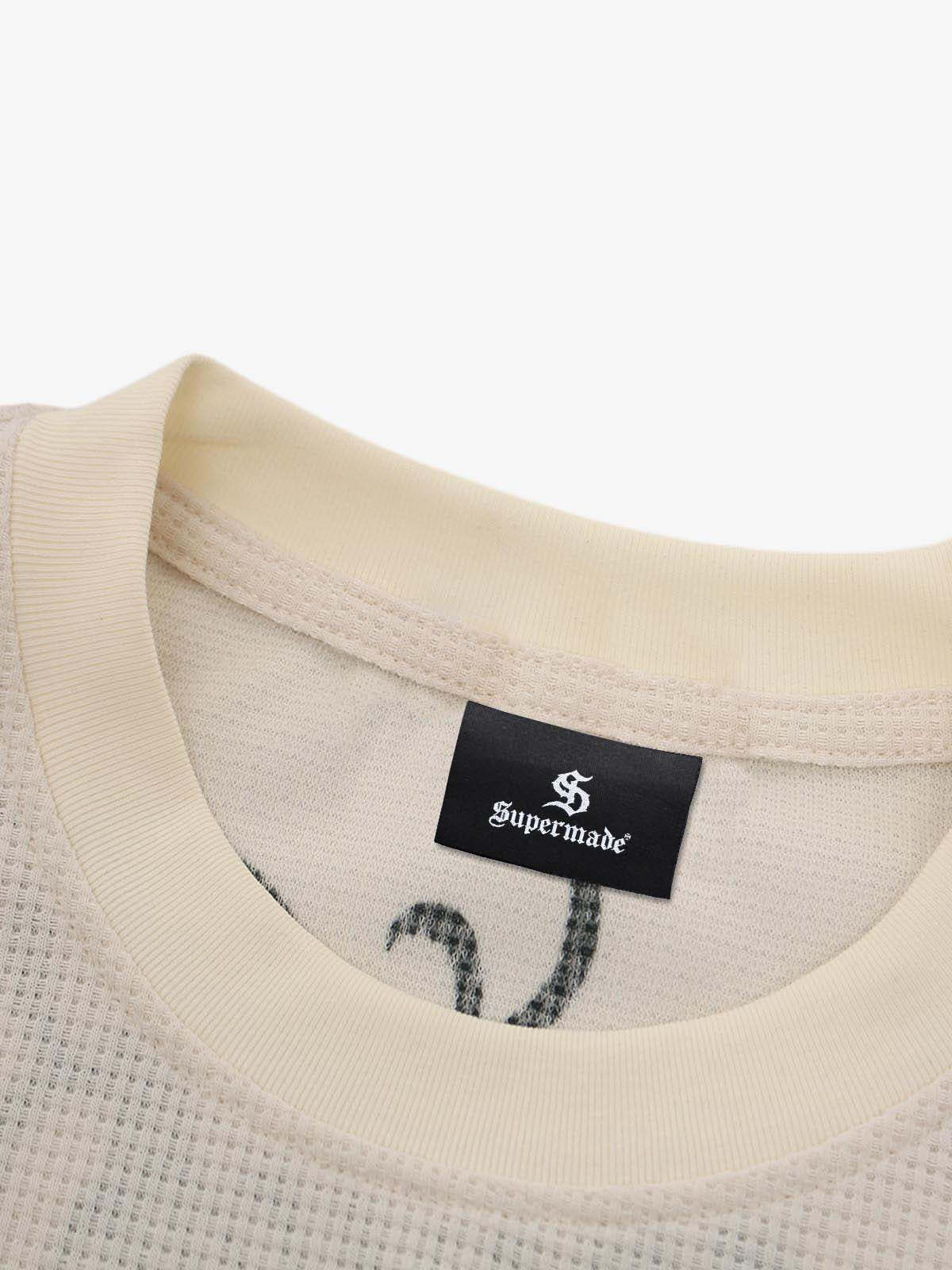 Retro Letter Print Waffle Simplicity Long-Sleeved T-Shirt-Fineriform