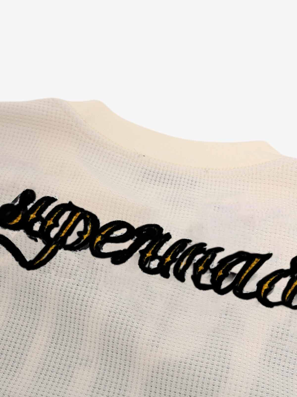 Retro Letter Print Waffle Simplicity Long-Sleeved T-Shirt-Fineriform