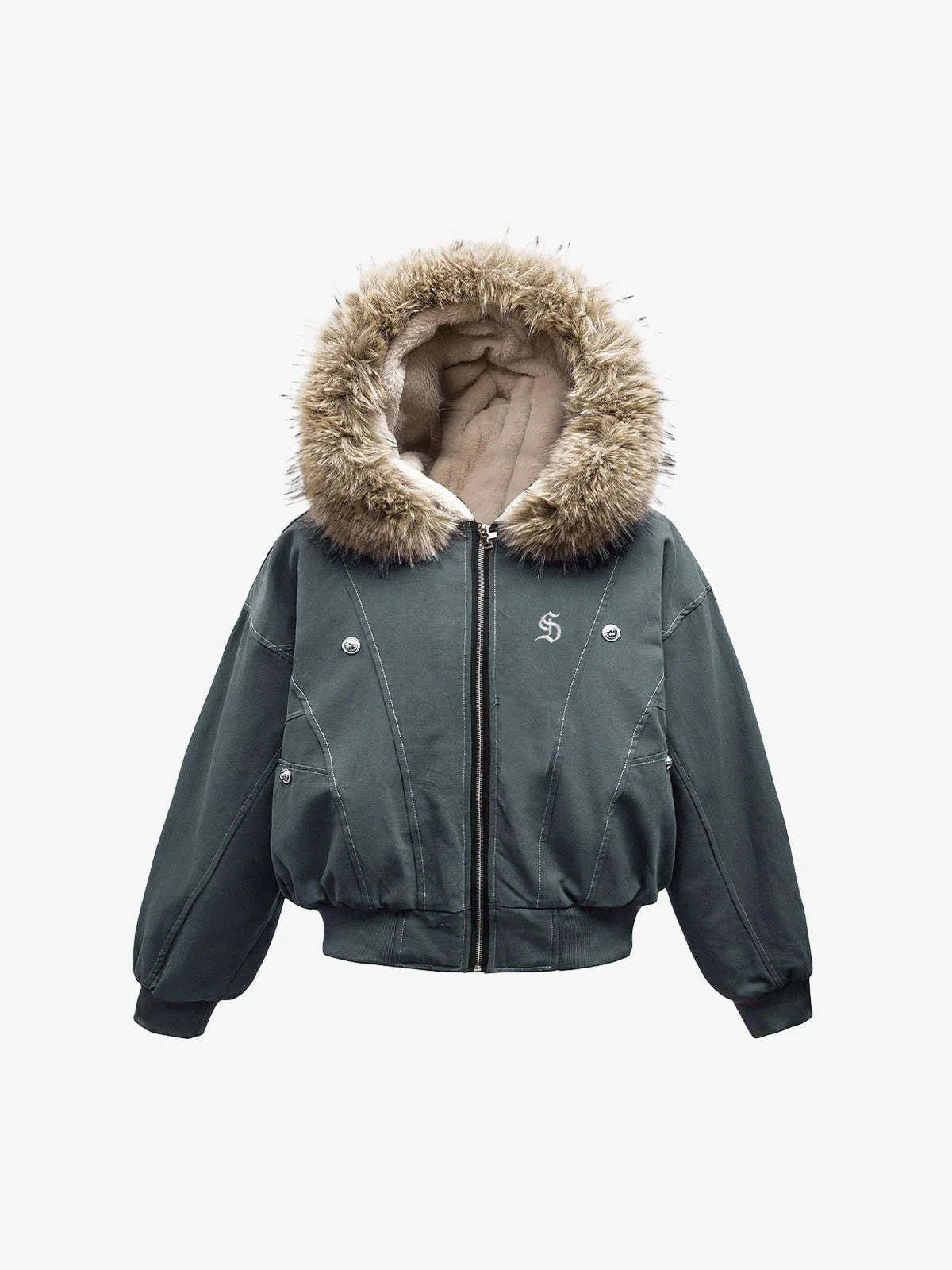 Faux Fur Lined Zip Up Hooded Bomber Jacket-Fineriform