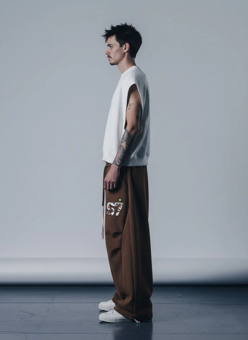 Retro Double-Waist Leopard Patch Barrel Pants-Fineriform