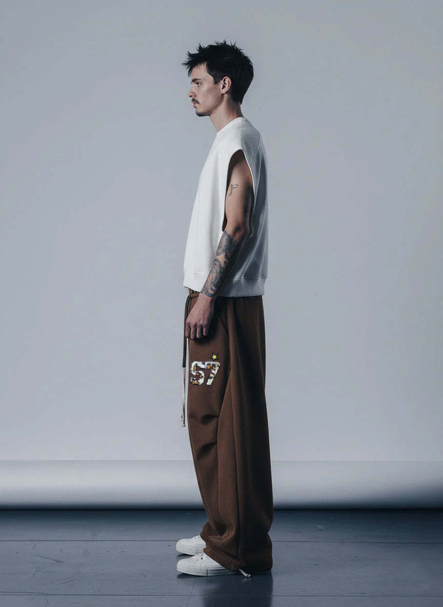 Retro Double-Waist Leopard Patch Barrel Pants-Fineriform