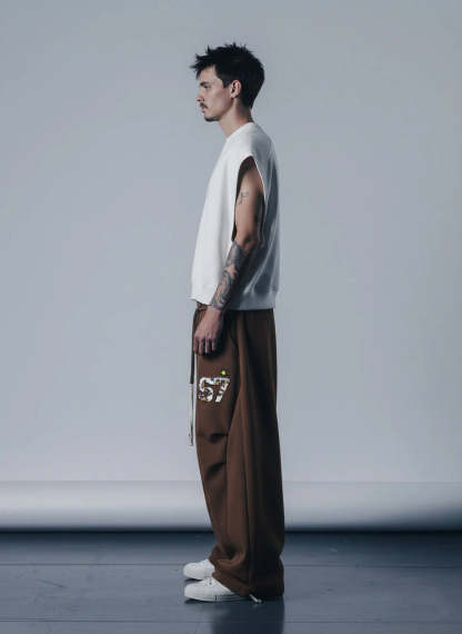 Retro Double-Waist Leopard Patch Barrel Pants-Fineriform
