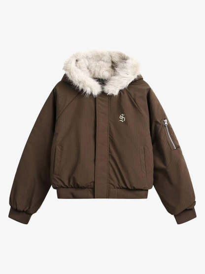 Retro Fur Hooded Fleece Bomber Jacket - 2478-Fineriform