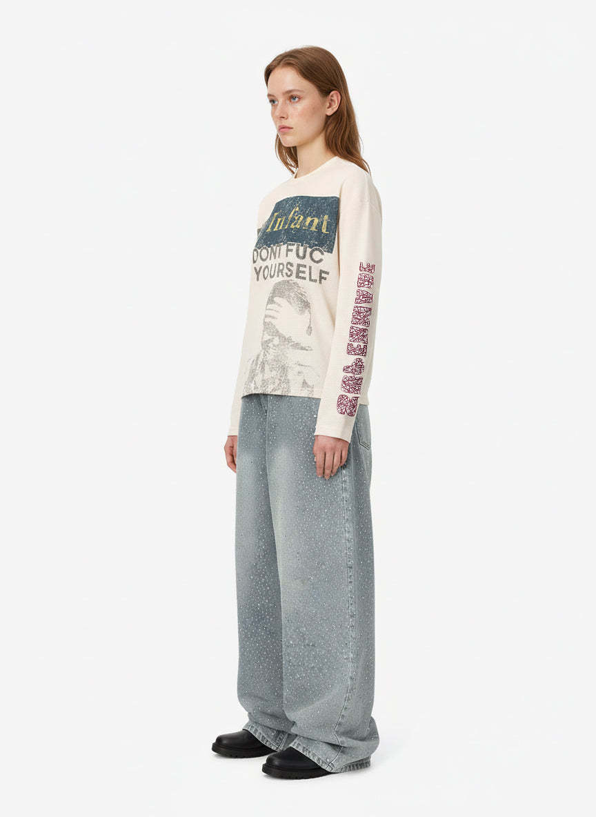 Waffle Knit Graphic Print Crewneck Sweatshirt - 2496-Fineriform