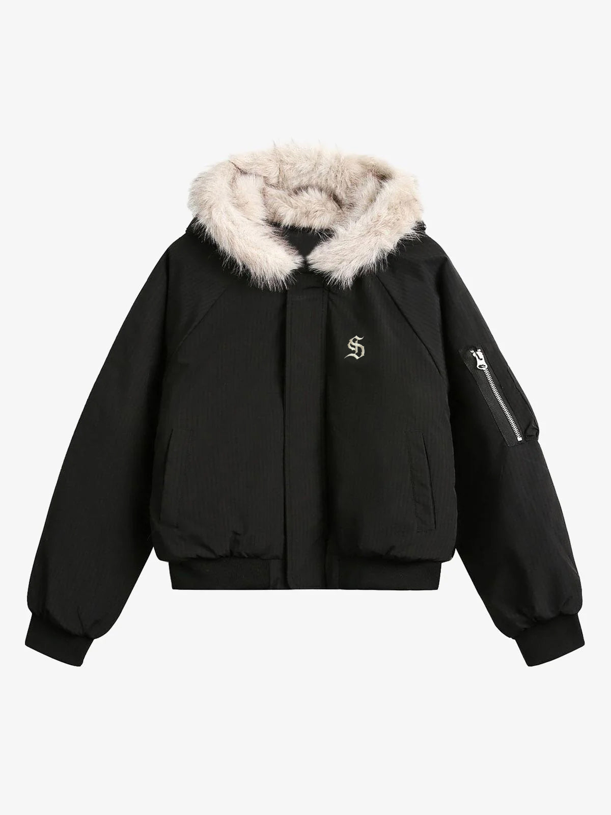 Retro Fur Hooded Fleece Bomber Jacket - 2478-Fineriform