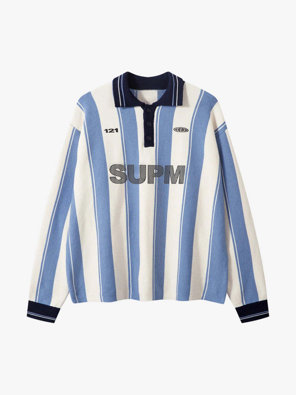 Retro Striped Polo Collar Sports Jersey Knit Sweater-Fineriform