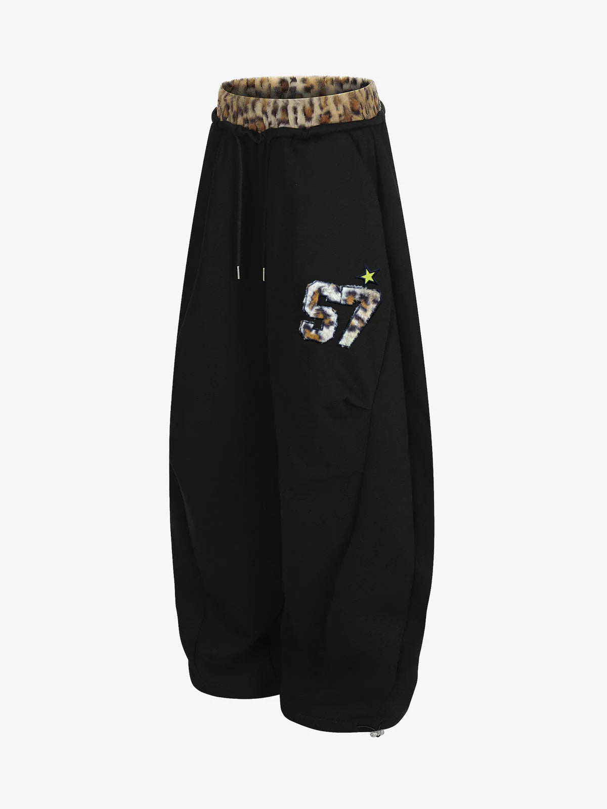 Retro Double-Waist Leopard Patch Barrel Pants-Fineriform