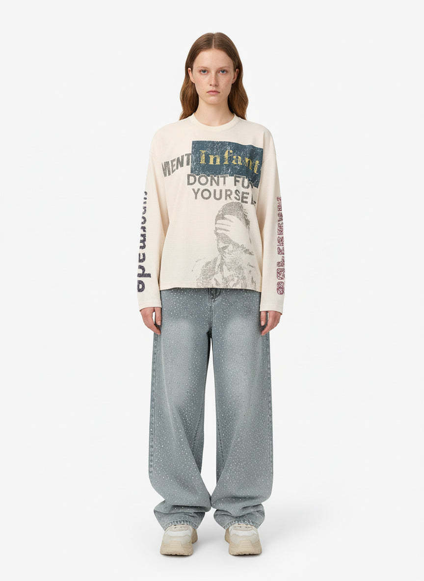 Waffle Knit Graphic Print Crewneck Sweatshirt - 2496-Fineriform