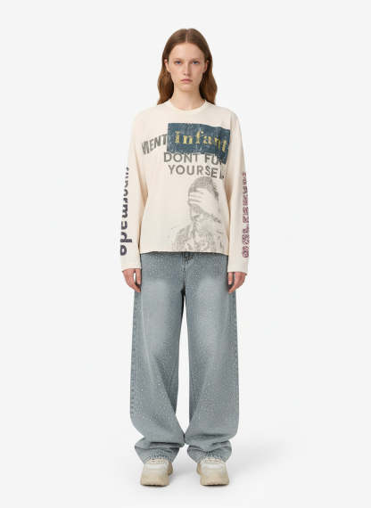 Waffle Knit Graphic Print Crewneck Sweatshirt - 2496-Fineriform