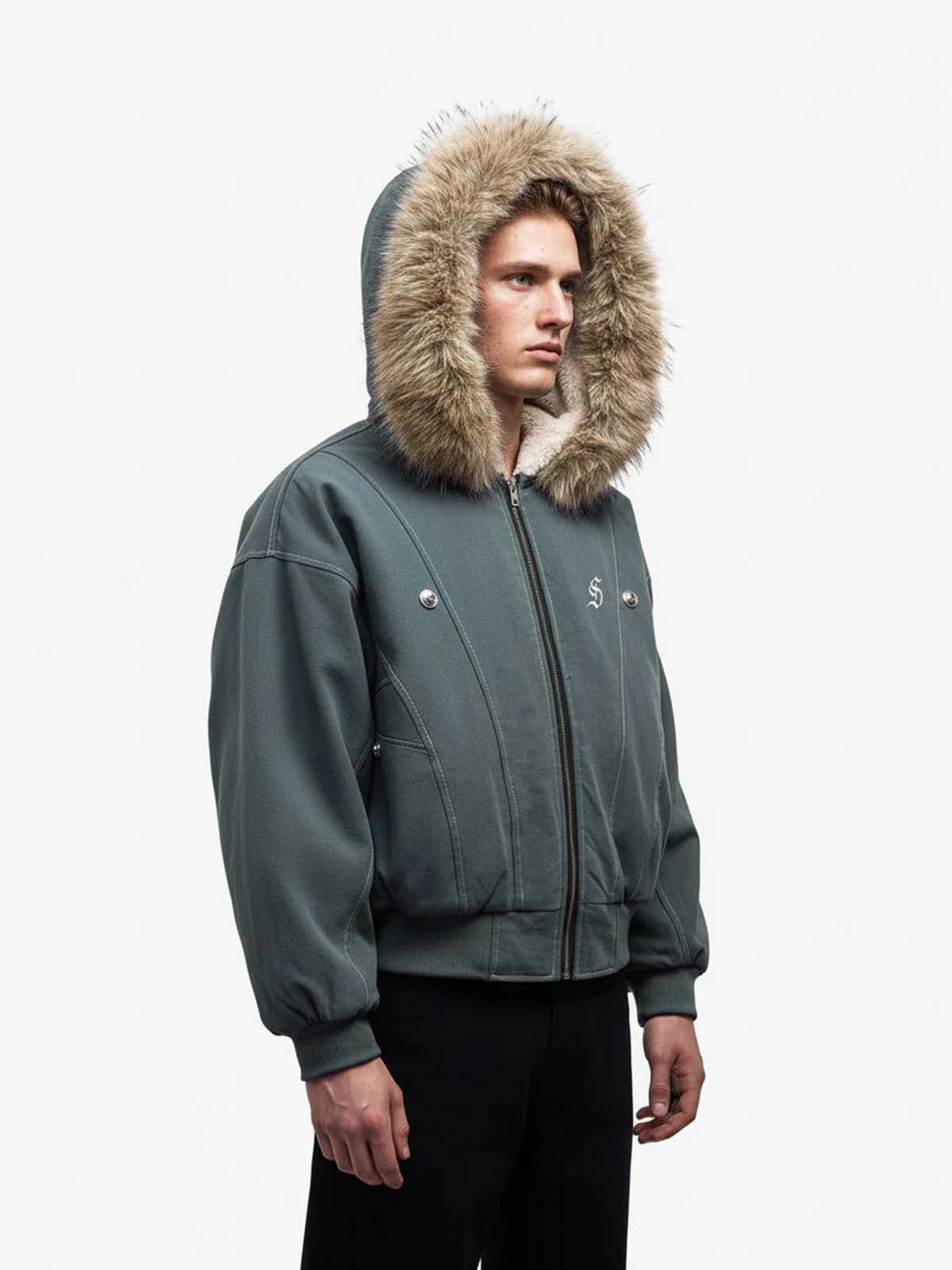 Faux Fur Lined Zip Up Hooded Bomber Jacket-Fineriform