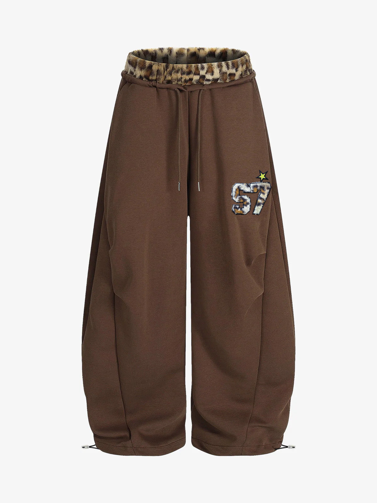 Retro Double-Waist Leopard Patch Barrel Pants-Fineriform