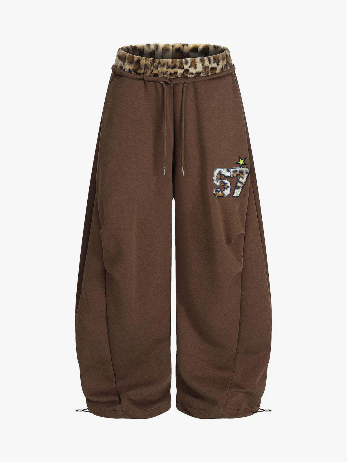 Retro Double-Waist Leopard Patch Barrel Pants-Fineriform