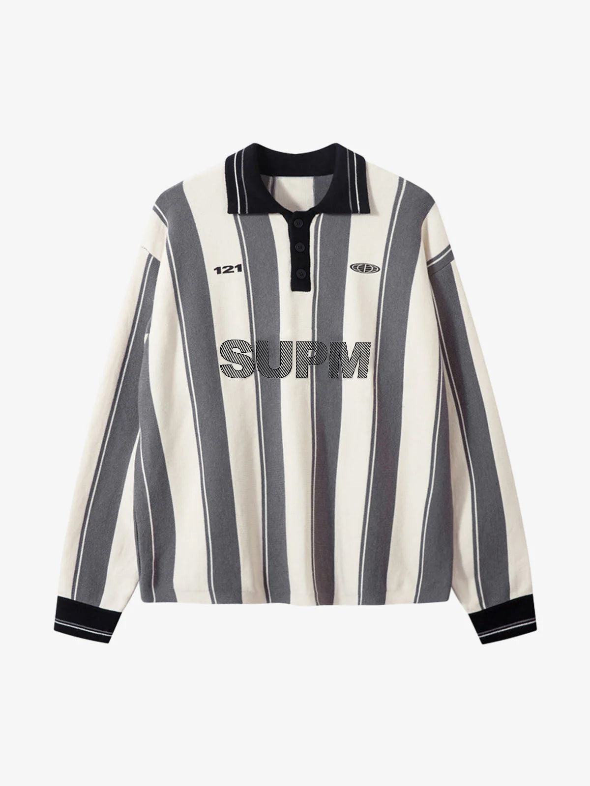 Retro Striped Polo Collar Sports Jersey Knit Sweater-Fineriform