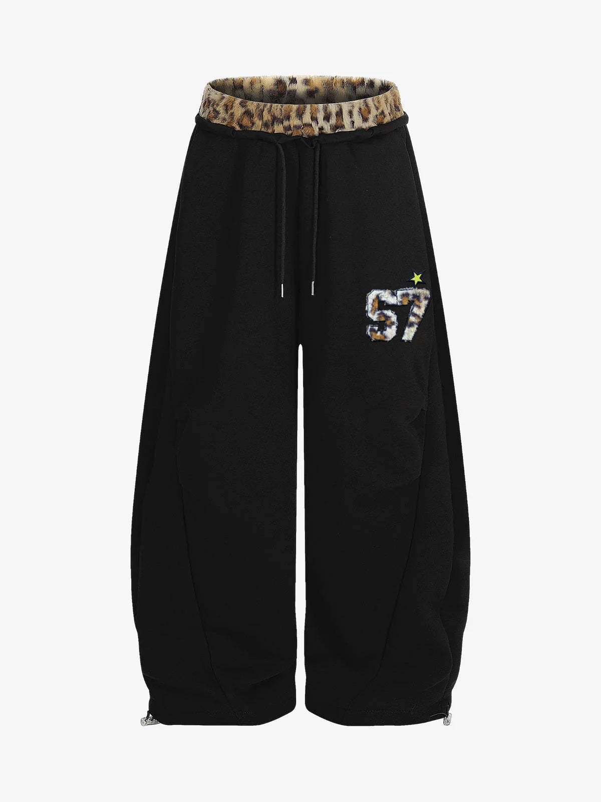 Retro Double-Waist Leopard Patch Barrel Pants-Fineriform