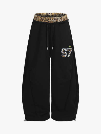 Retro Double-Waist Leopard Patch Barrel Pants-Fineriform