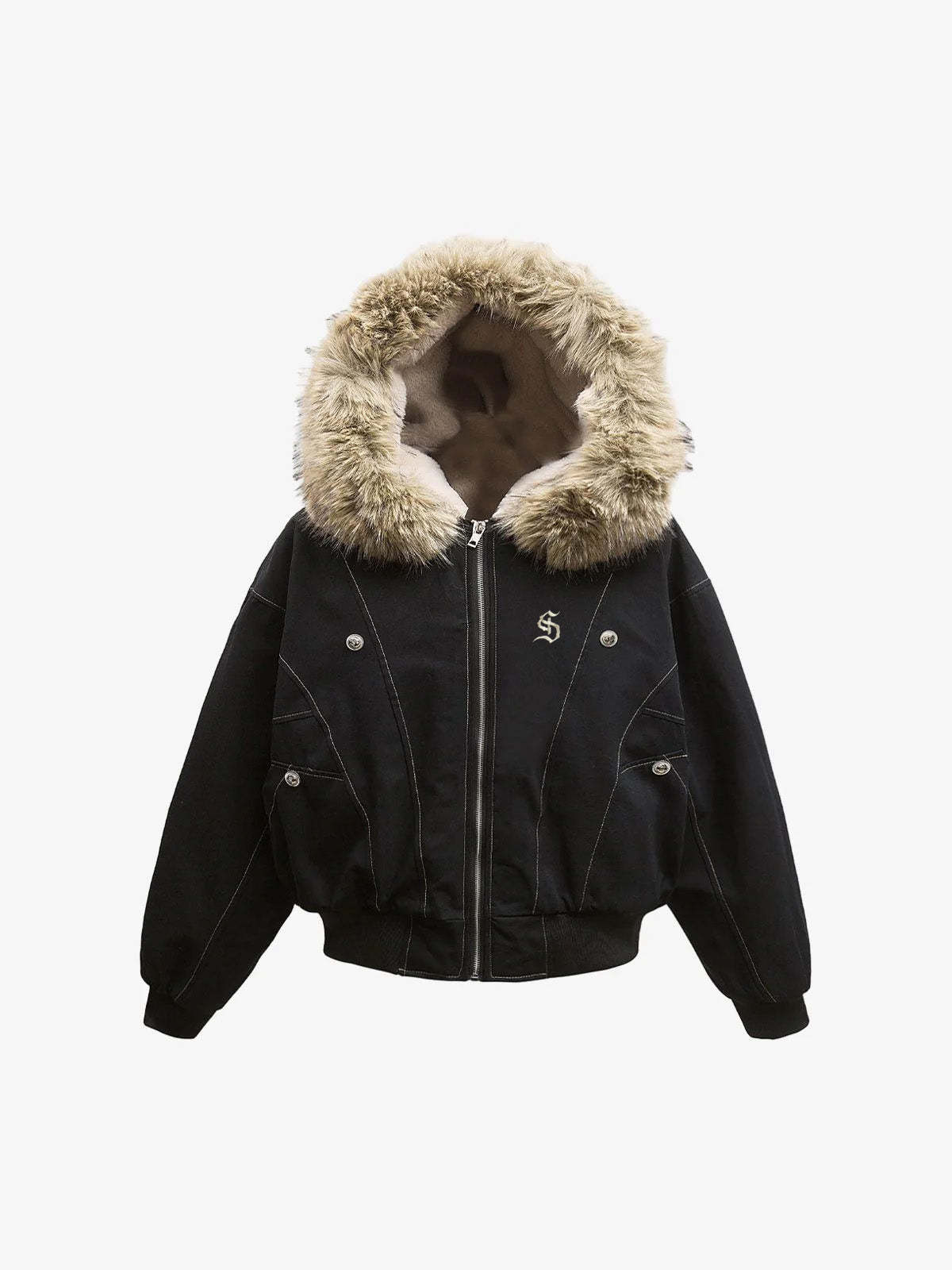 Faux Fur Lined Zip Up Hooded Bomber Jacket-Fineriform