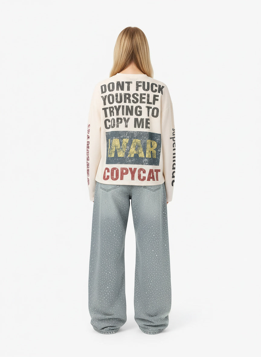 Waffle Knit Graphic Print Crewneck Sweatshirt - 2496-Fineriform