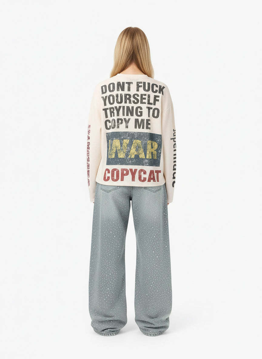 Waffle Knit Graphic Print Crewneck Sweatshirt - 2496-Fineriform