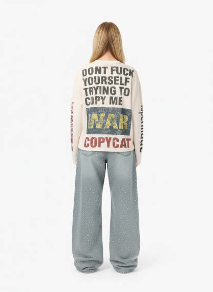 Waffle Knit Graphic Print Crewneck Sweatshirt - 2496-Fineriform